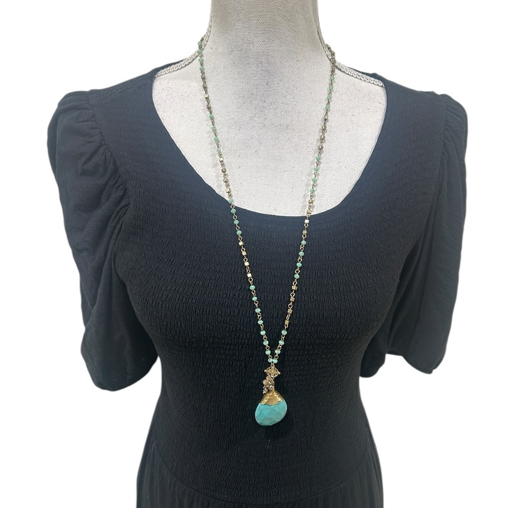 Artisan faux teardrop Turquoise Bead Long Pendant Necklace Gold Accents 18 inch